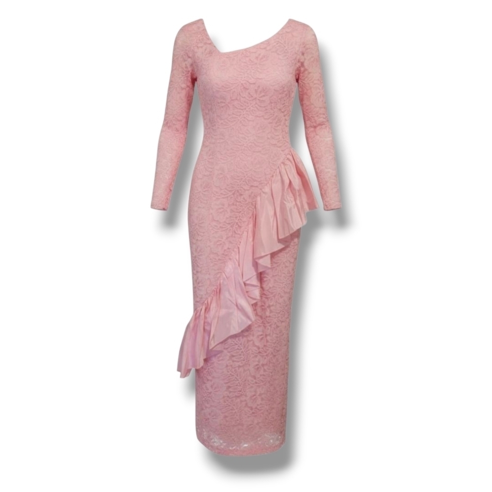 Roberta California Vintage Pink Lace Ruffle Bodycon Dress – Size 5/6